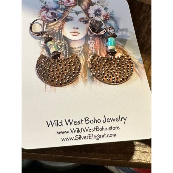 Boho Vintage Chic Southwestern Copper Dangle Wire Earrings, Turquoise Stone, Gi - Picture 10 of 10
